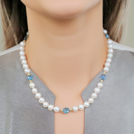 Necklace with pearls 8.0-9.0mm and London Blue Topaz N153270-PE