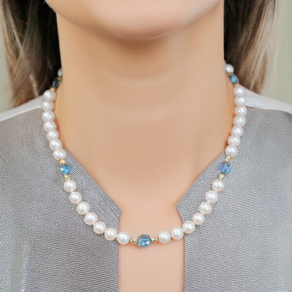 Necklace with pearls 8.0-9.0mm and London Blue Topaz N153270-PE