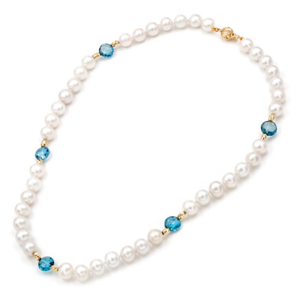 Pearl Necklace with London Blue Topaz and 14K Gold
