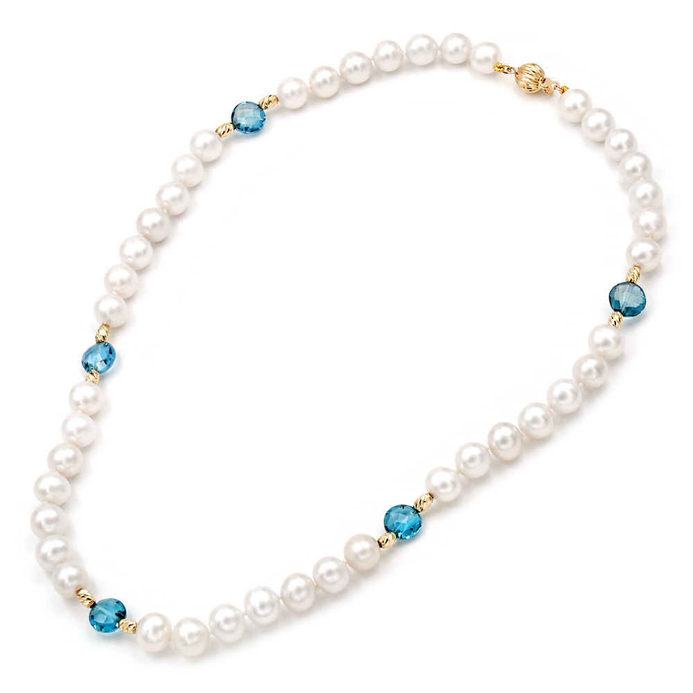Pearl Necklace with London Blue Topaz and 14K Gold