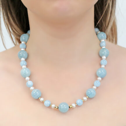 Necklace with Aquamarine and Pearls K14