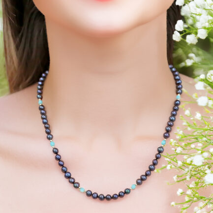 Black Pearl 5.0-5.5mm and Amazonite K14 necklace