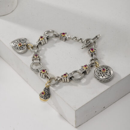 Charm Link Silver Bracelet with Ruby and Pearl
