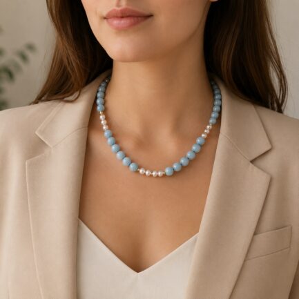 Necklace Aquamarine 10mm and Pearls