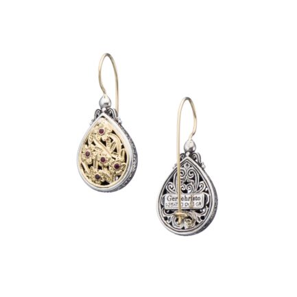 Teardrop Earrings in 18K Yellow Gold and Sterling Silver with Rubies
