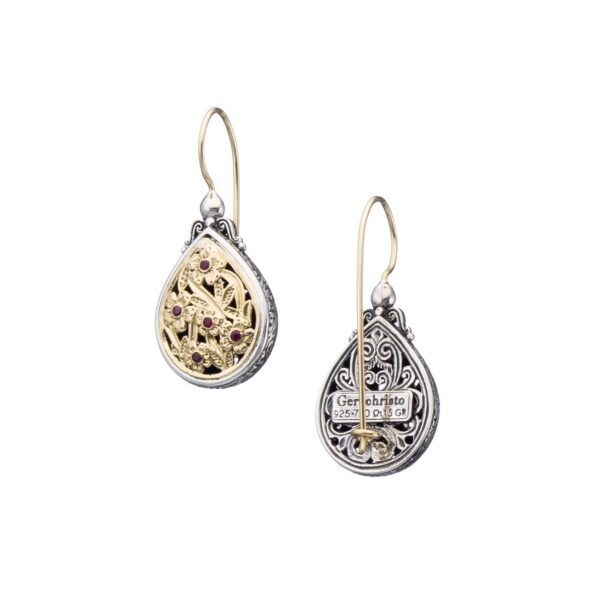 Teardrop Earrings in 18K Yellow Gold and Sterling Silver with Rubies