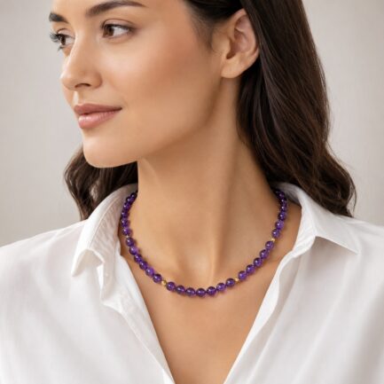 Amethyst Necklace Beads 8mm in k14 Gold