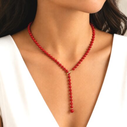 Necklace Red Coral Bead Station 6-8mm in 14k Gold