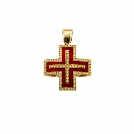Diamond Cross Pendant with Red Enamel